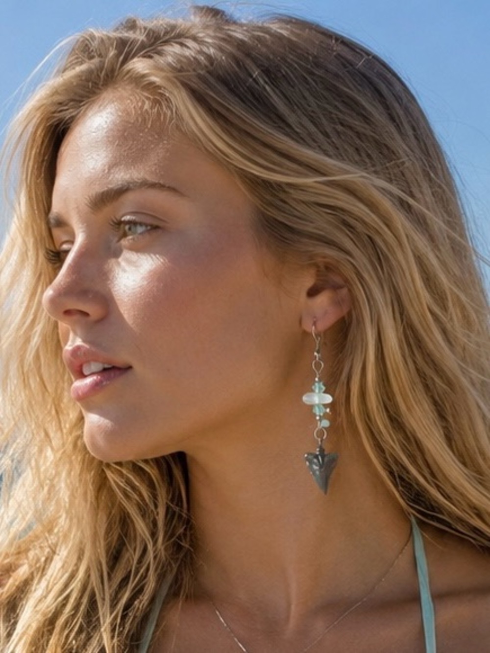 Shark Tooth With Sea Glass abd Precosia Crystal  Earrings